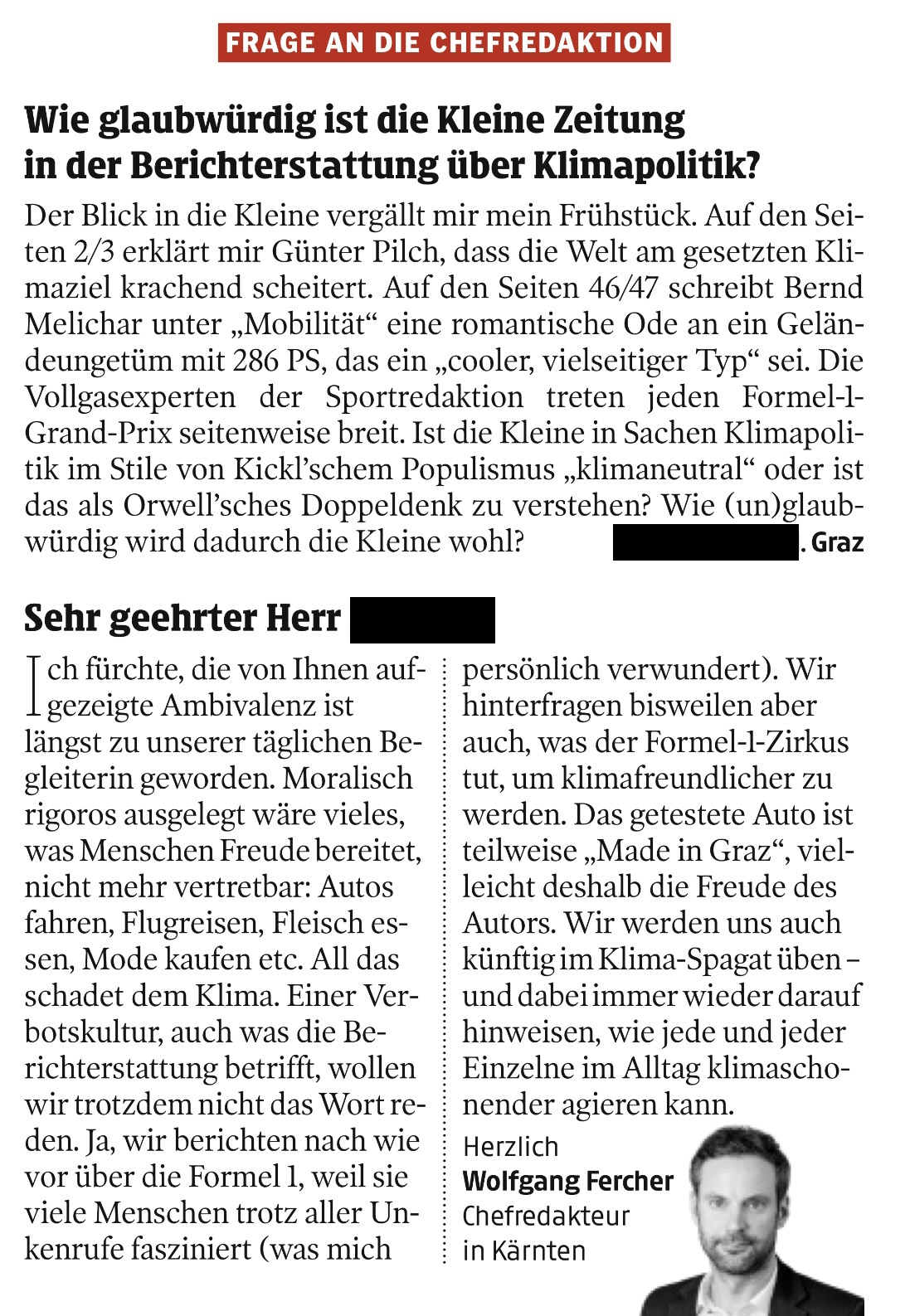 Kleine Zeitung Frage an die Chefredaktion - Wie glaubwürdig ist die Kleine Zeitung in der Berichterstattung über Klimapolitik?